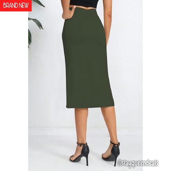 Stretch High Waist Pencil Skirt Midi Slit Office Bodycon - Picture 7 of 7
